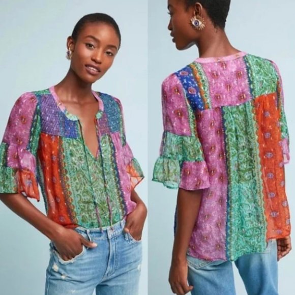 ANTHRO I Boho Sheer Smocked Antonella Peasant Blouse Top by Akemi + Kin, XS - Picture 2 of 15